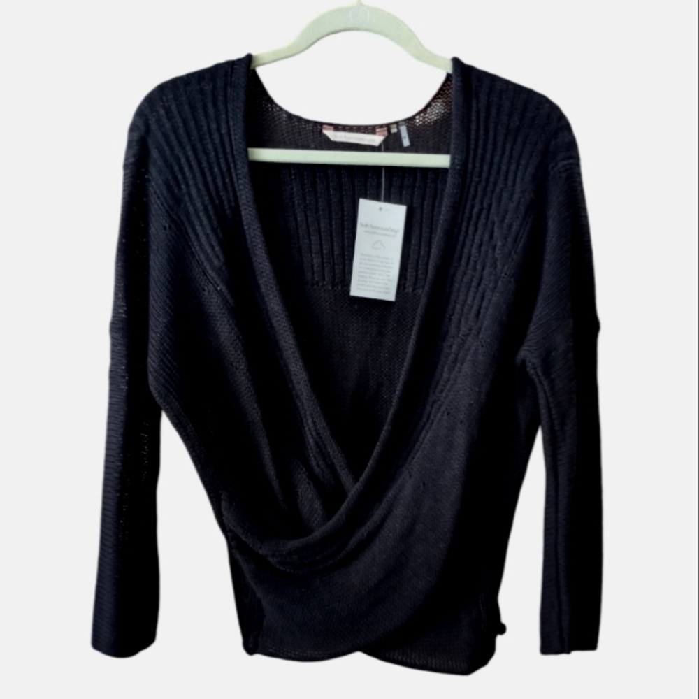 Soft Surroundings Sweater Medium Black Linen Blend Faux Wrap Open Knit NWT